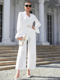 Solid Flounce Sleeve Notch Neck Belted Jumpsuit
