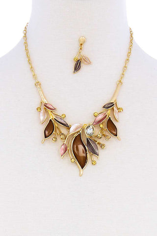 Stylish Multi Rhinestone Leaf Necklace And Earring Set - LockaMe Designs