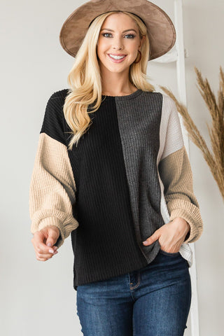 This Adorable Color Block Waffle Long Sleeve Top