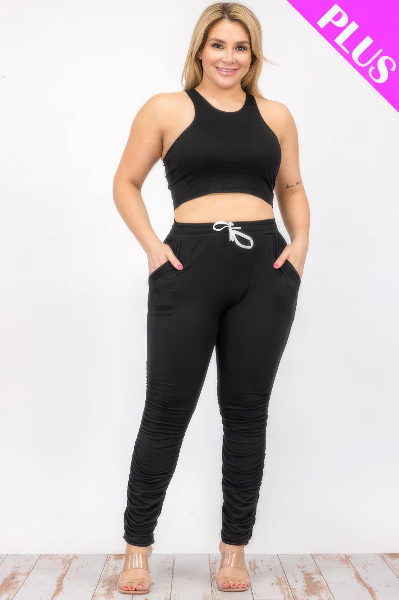 Plus Size Crop Tank Top & Ruched Pants Set