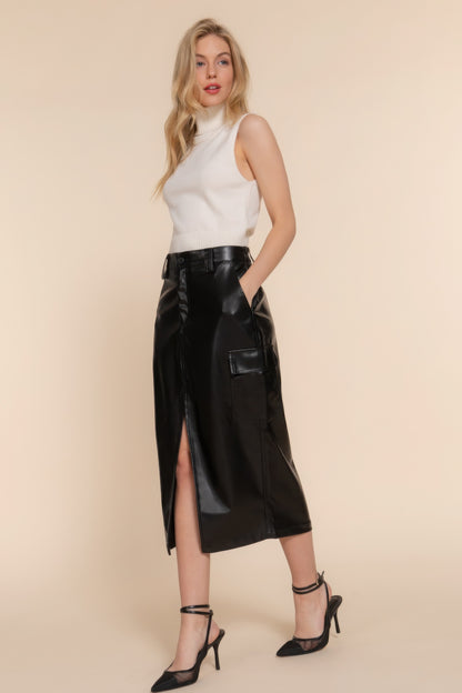 Faux Leather Midi Cargo Skirt