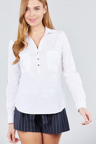 3/4 Roll Up Sleeve Front Two Pocket W/button Detail Stretch Shirt - LockaMe Designs