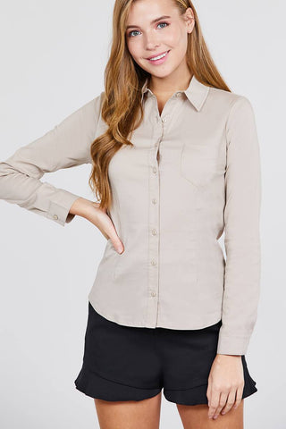 Long Sleeve Princess Line One Side Pocket Button Down Woven Shirts - LockaMe Designs