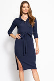 Solid, Midi Tee Dress With 3/4 Sleeves, Collared V Neckline, Decorative Button, Matching Belt And A Side Slit