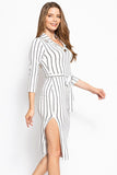 Stripes Print, Midi Tee Dress With 3/4 Sleeves, Collared V Neckline, Decorative Button, Matching Belt And A Side Slit