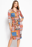 Print, Midi Tee Dress With 3/4 Sleeves, Collared V Neckline, Decorative Button, Matching Belt And A Side Slit