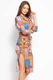 Print, Midi Tee Dress With 3/4 Sleeves, Collared V Neckline, Decorative Button, Matching Belt And A Side Slit