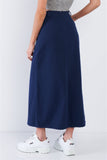 Navy Blue Denim Midi Center Slit High Waist Casual Skirt