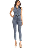 Fitted Denim Jumpsuit With Waist Tie, Button Down Detail, And Collar