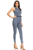 Fitted Denim Jumpsuit With Waist Tie, Button Down Detail, And Collar