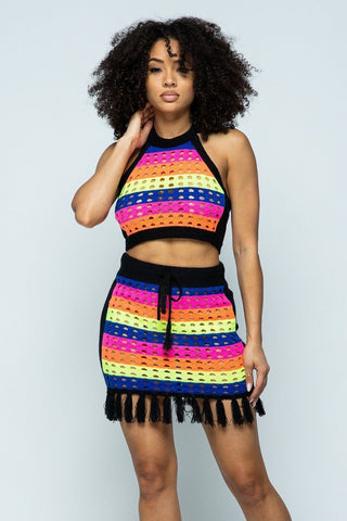 Cropped Halter Top/short Skirt with Tassels