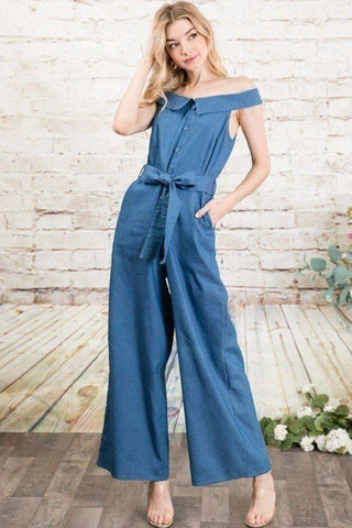 Off-shoulder Chambray Denim Wide Leg Palazzo Jumpsuit With Waist Tie