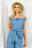 Off-shoulder Chambray Denim Wide Leg Palazzo Jumpsuit With Waist Tie