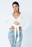 Soft Heavy Knit Front Ribbon Side Band Tie Long Sleeve Crop Top