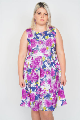 Plus Size Purple Navy Watercolor Floral Print Casual Midi Dress - LockaMe Designs