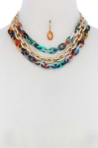 Triple Layer Multi Color Thick Chain Necklace And Earring Set - LockaMe Designs