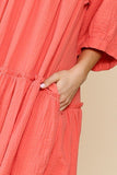 3/4 Sleeve Pocket Ruffle Pintuck Swing Dress