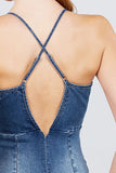 Plunging V-neck Cami W/back Cross Strap Mini Denim Dress