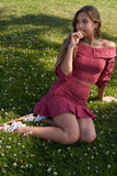 Raspberry Plaid Off-the Shoulder Retro Chic Crop Top & Mini Ruffle Skirt Set - LockaMe Designs