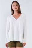 Off-white Loose Fit Long Sleeve V-neck Mesh Detail Tunic Pullover Top - LockaMe Designs