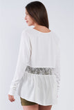 Off-white Loose Fit Long Sleeve V-neck Mesh Detail Tunic Pullover Top - LockaMe Designs
