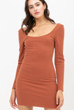 U Neck Of Front And Back Side, Basic Rib Dress With Long Sleeve