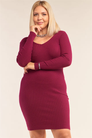 Plus Size V-neck Long Sleeve Ribbed Sweater Bodycon Mini Dress - LockaMe Designs