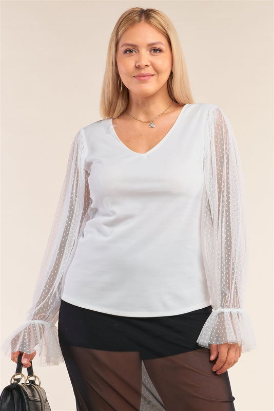 Plus Size Relaxed Fit Deep Plunge V-neck Long Polka Dot Mesh Balloon Sleeve Top