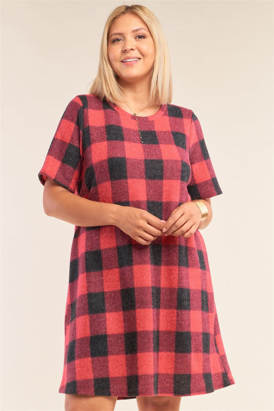 Plus Size Checkered Round Neck Short Sleeve Sweater Mini Dress - LockaMe Designs