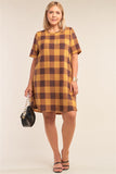 Plus Size Checkered Round Neck Short Sleeve Sweater Mini Dress - LockaMe Designs