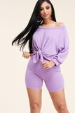 Solid French Terry Tie Front Off The Shoulder Slouchy Top And Shorts Two Piece Set - LockaMe Designs