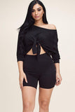 Solid French Terry Tie Front Off The Shoulder Slouchy Top And Shorts Two Piece Set - LockaMe Designs