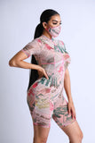 Printed Mesh Romper With Stitching Detail With Mask - LockaMe Designs