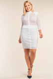 White Plus Size Long Sleeve Chevron Sheer Bodycon Mini Dress - LockaMe Designs
