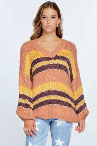 V-neck Cozy Thick Knit Stripe Pullover Sweater - LockaMe Designs