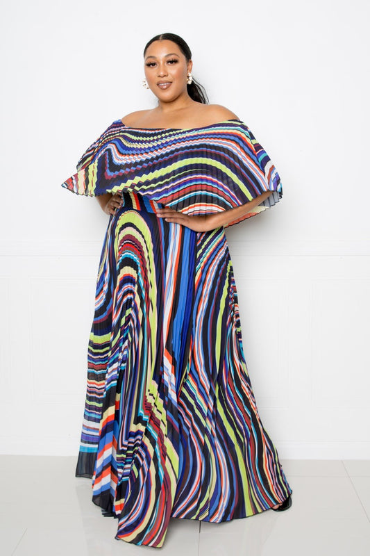 Geo Printed Off Shoulder Pleated Maxi Dress - LockaMe Designs