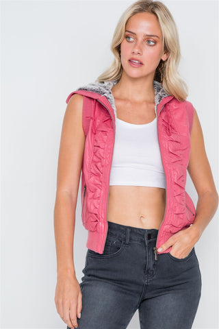 Pink Vegan Leather Shirred Faux Fur Lining Draw String Tie Hood Detail Vest - LockaMe Designs