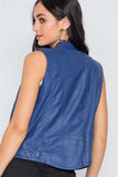 Blue Vegan Leather Faux Fur Lining Triple Zip-up Detail Moto Vest - LockaMe Designs