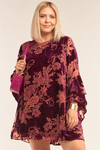 Plus Size Velvet Floral Pattern Long Angel Sleeve Round Neck Relaxed Fit Mini Dress - LockaMe Designs