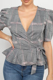 Plaid Front Wrap Puff Sleeve Top