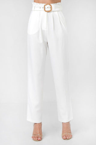 A Solid Pant Featuring Paperbag Waist With Rattan Buckle Belt - LockaMe Designs