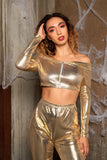 Metallic Small Scales Print Long Sleeve Off-the-shoulder Cropped Top And High Waist Slim Fit Legging Set