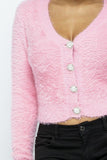 Eyelash Knit Cropped Cardigan With Pearl Button Details