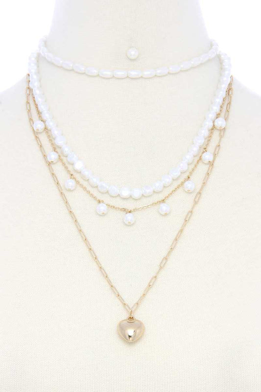 Puffy Heart Charm Pearl Bead Layered Necklace