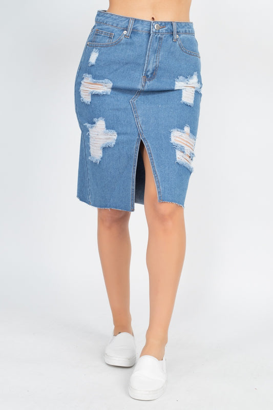 Distressed Front Slit Denim Skirt