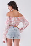 Leaf Print Off-the-shoulder Long Flounce Sleeve Self-tie Front Cropped Top