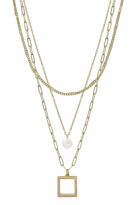 3 Layered Metal Chain Square & Pearl Pendant Necklace