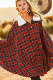 Mock Neck With Zipper Contrast Inside Front Pocket Plaid Poncho