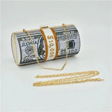 $100 Roll Dollars Rhinestone Money Bag Clutch